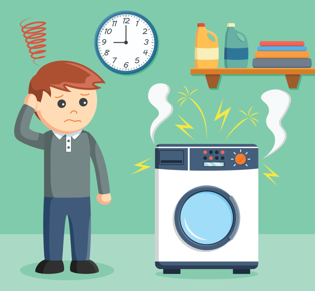 Cartoon Man Infront of Broken Washing Machine