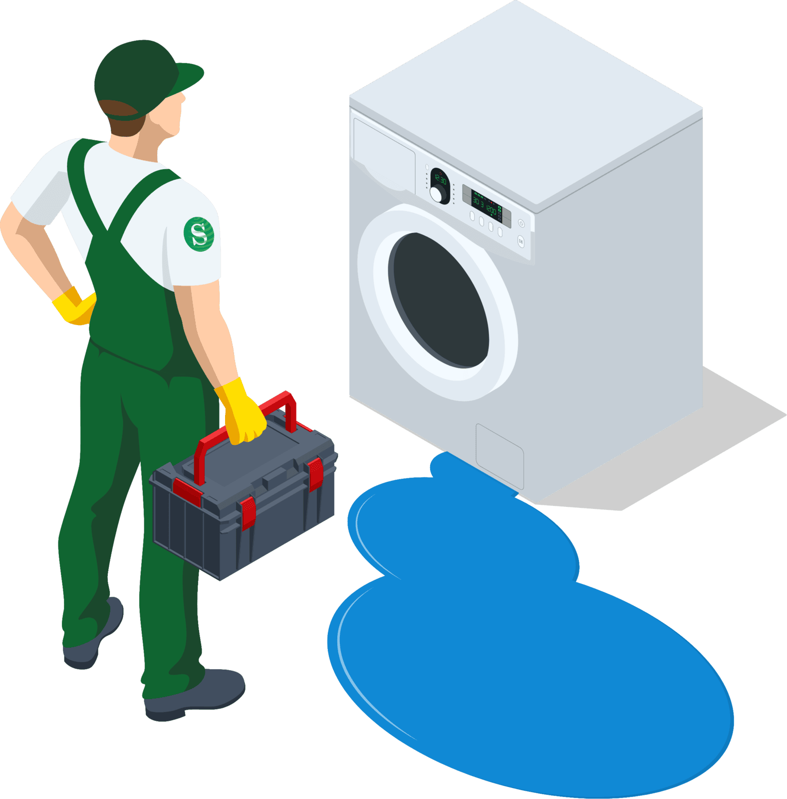 Engineer Infront of broken washing machine